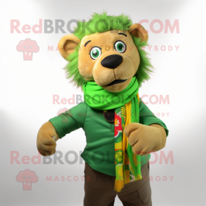 Green Tamer Lion mascot costume character dressed with a Button-Up Shirt and Scarf clips