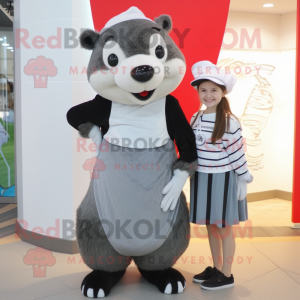 Silver Badger mascot costume character dressed with a A-Line Skirt and Beanies