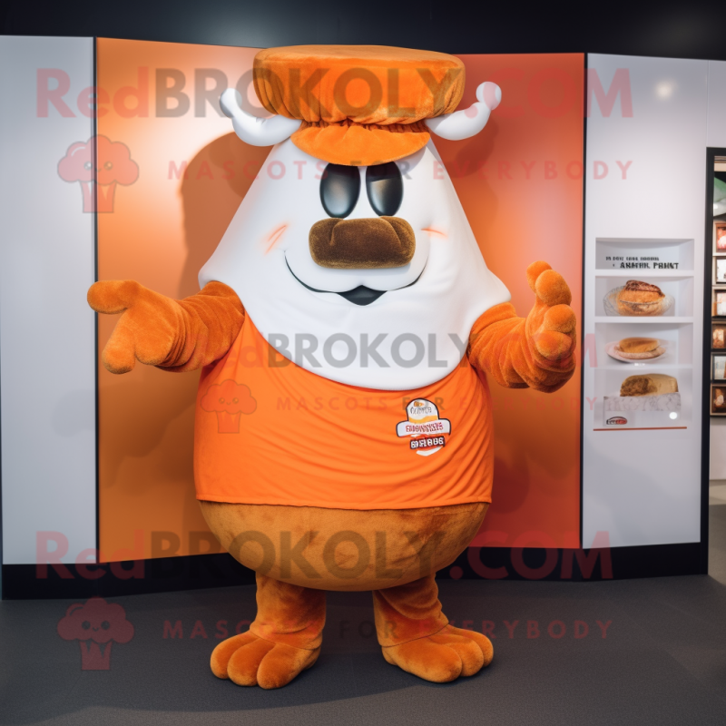 Orange Beef Wellington mascot costume character dressed with a Graphic Tee and Cummerbunds