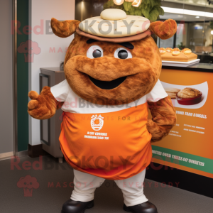 Orange Beef Wellington mascot costume character dressed with a Graphic Tee and Cummerbunds