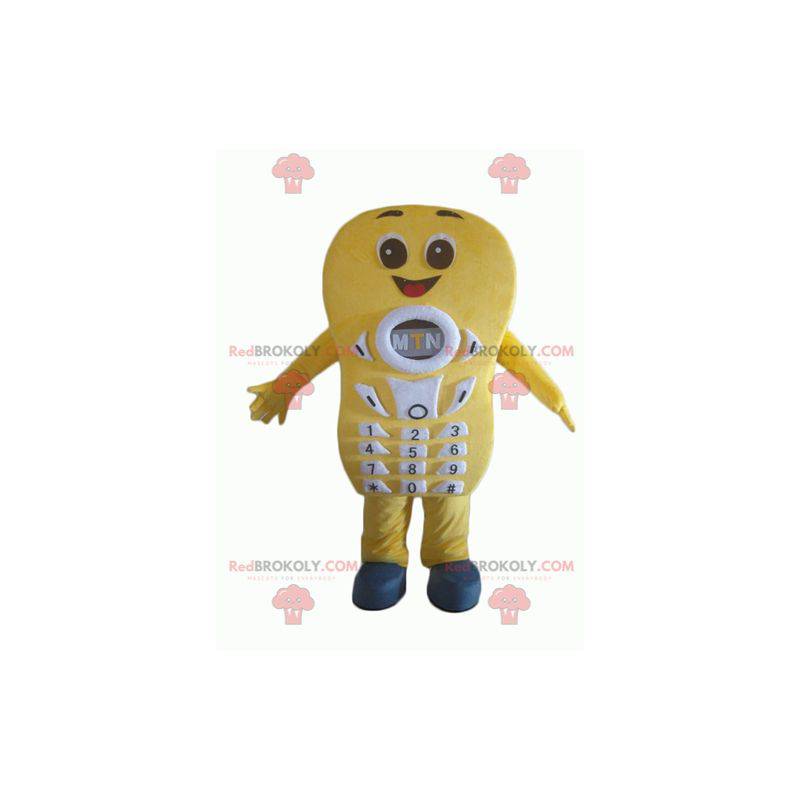 Mascote gigante e sorridente de celular amarelo - Redbrokoly.com