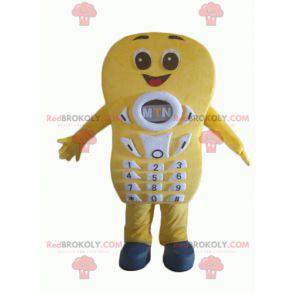 Mascote gigante e sorridente de celular amarelo - Redbrokoly.com