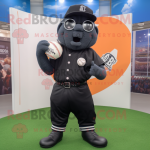 Black Baseball Ball mascot costume character dressed with a Dungarees and Reading glasses