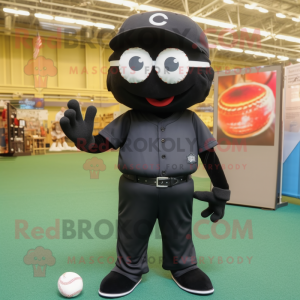 Black Baseball Ball mascot costume character dressed with a Dungarees and Reading glasses