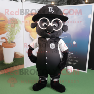 Black Baseball Ball mascot costume character dressed with a Dungarees and Reading glasses