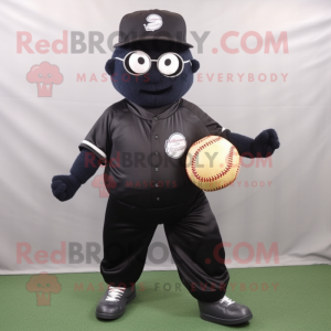 Black Baseball Ball mascot costume character dressed with a Dungarees and Reading glasses