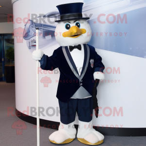 Navy Ice Hockey Stick mascot costume character dressed with a Tuxedo and Suspenders