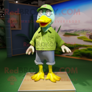 Lime Green Geese mascot costume character dressed with a Denim Shorts and Shoe clips