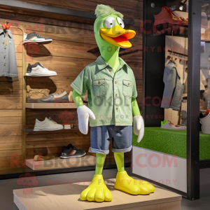 Lime Green Geese mascot costume character dressed with a Denim Shorts and Shoe clips