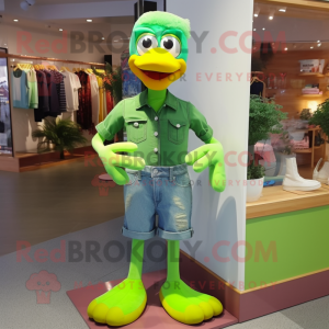 Lime Green Geese mascot costume character dressed with a Denim Shorts and Shoe clips