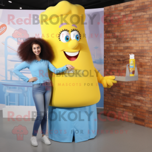 Sky Blue Bottle Of Mustard mascot costume character dressed with a Mom Jeans and Hair clips