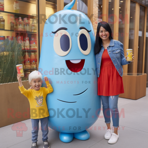 Sky Blue Bottle Of Mustard mascot costume character dressed with a Mom Jeans and Hair clips