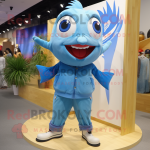 Sky Blue Tuna mascot costume character dressed with a Bootcut Jeans and Shoe clips