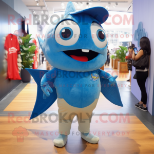 Sky Blue Tuna mascot costume character dressed with a Bootcut Jeans and Shoe clips