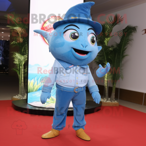 Sky Blue Tuna mascot costume character dressed with a Bootcut Jeans and Shoe clips