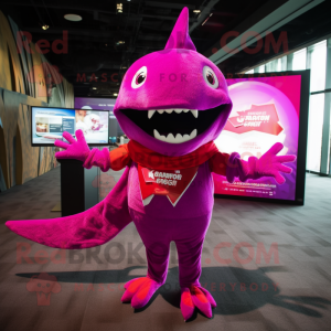 Magenta Shark mascot costume character dressed with a Leggings and Shawl pins