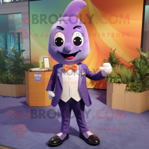 Lavender Mango mascot costume character dressed with a Suit Jacket and Bow ties