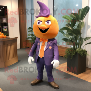 Lavender Mango mascot costume character dressed with a Suit Jacket and Bow ties