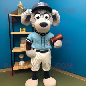 Sky Blue Suffolk Sheep mascot costume character dressed with a Baseball Tee and Reading glasses