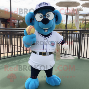 Sky Blue Suffolk Sheep mascot costume character dressed with a Baseball Tee and Reading glasses