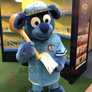 Sky Blue Suffolk Sheep mascot costume character dressed with a Baseball Tee and Reading glasses