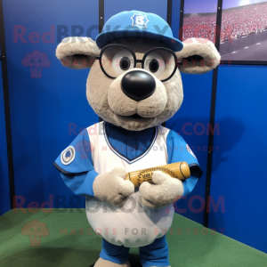 Sky Blue Suffolk Sheep mascot costume character dressed with a Baseball Tee and Reading glasses