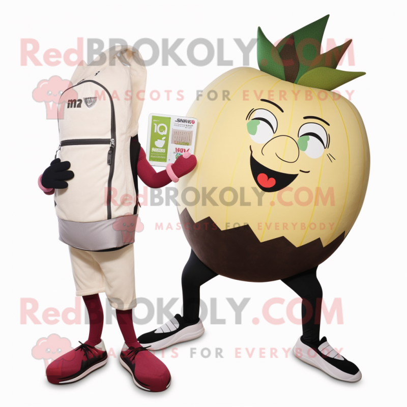 Beige Beet mascot costume character dressed with a Yoga Pants and Wallets Beige Beet mascot costume character dressed with a Yoga Pants and Wallets