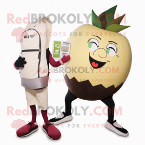 Beige Beet mascot costume character dressed with a Yoga Pants and Wallets