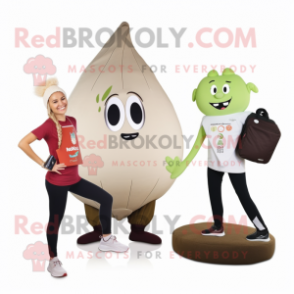 Beige Beet mascot costume character dressed with a Yoga Pants and Wallets