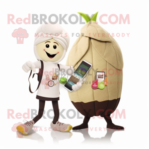 Beige Beet mascot costume character dressed with a Yoga Pants and Wallets