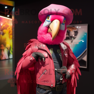 Pink Macaw mascot costume character dressed with a Leather Jacket and Hat pins