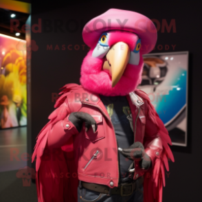 Pink Macaw mascot costume character dressed with a Leather Jacket and Hat pins