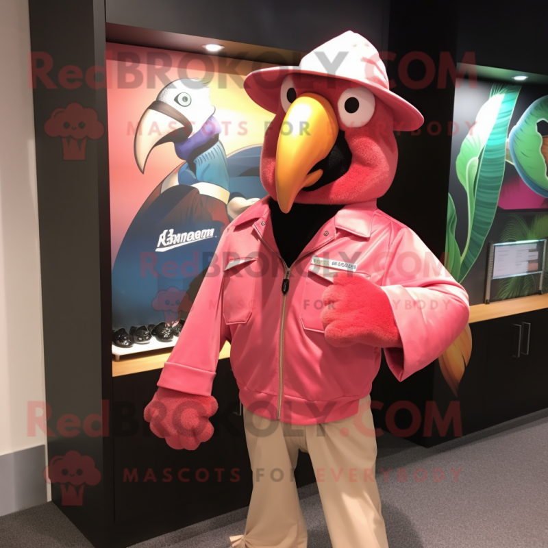 Pink Macaw mascot costume character dressed with a Leather Jacket and Hat pins