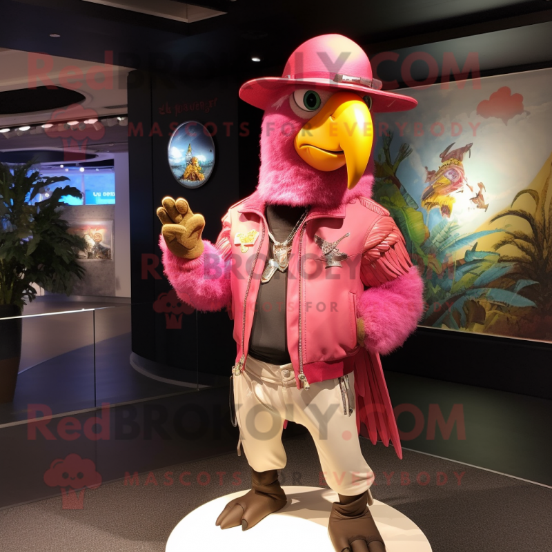 Pink Macaw mascot costume character dressed with a Leather Jacket and Hat pins