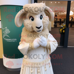 Beige Ram mascot costume character dressed with a Wedding Dress and Mittens