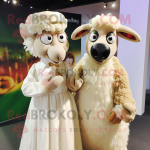 Beige Ram mascot costume character dressed with a Wedding Dress and Mittens