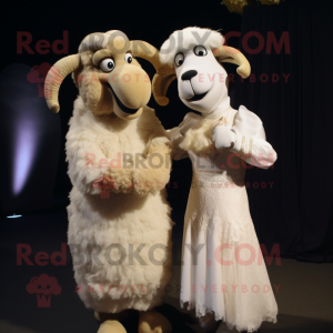 Beige Ram mascot costume character dressed with a Wedding Dress and Mittens