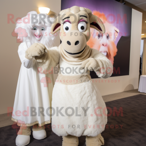 Beige Ram mascot costume character dressed with a Wedding Dress and Mittens