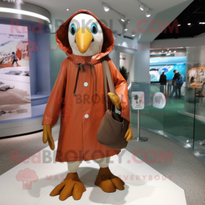 Rust Albatross mascot costume character dressed with a Raincoat and Coin purses