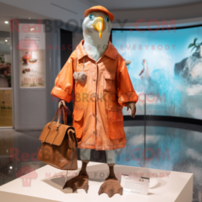 Rust Albatross mascot costume character dressed with a Raincoat and Coin purses