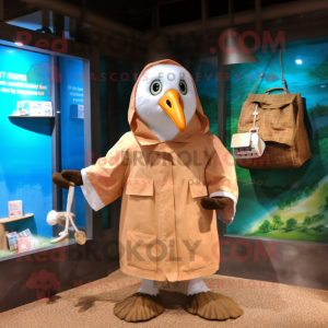 Rust Albatross mascot costume character dressed with a Raincoat and Coin purses
