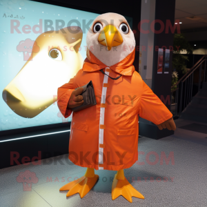 Rust Albatross mascot costume character dressed with a Raincoat and Coin purses