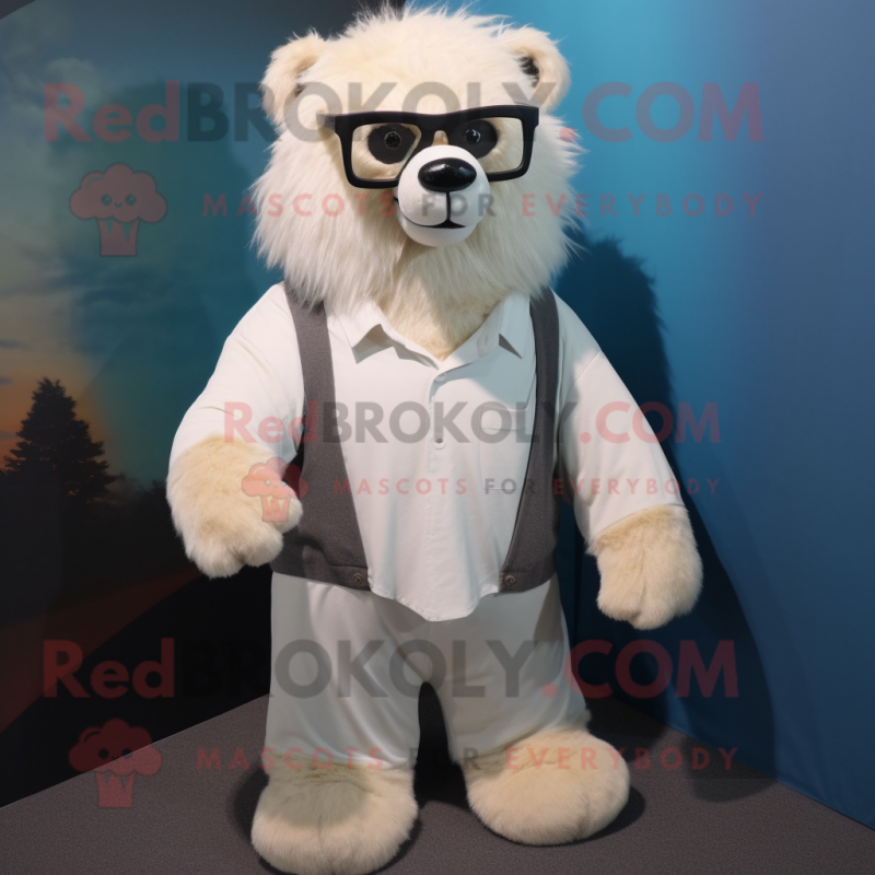 Cream Sloth Bear mascot costume character dressed with a Long Sleeve Tee and Eyeglasses