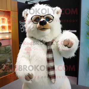 Cream Sloth Bear mascot costume character dressed with a Long Sleeve Tee and Eyeglasses