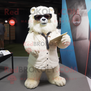 Cream Sloth Bear mascot costume character dressed with a Long Sleeve Tee and Eyeglasses