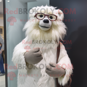 Cream Sloth Bear mascot costume character dressed with a Long Sleeve Tee and Eyeglasses