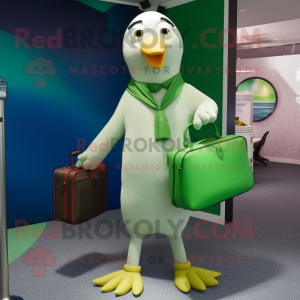 Green Gull mascot costume character dressed with a Culottes and Briefcases