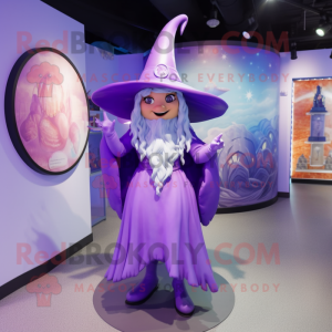 Lavender Wizard mascot costume character dressed with a Bikini and Hat pins