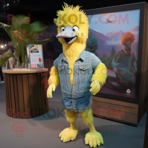 Lemon Yellow Emu mascot costume character dressed with a Denim Shorts and Lapel pins