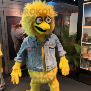 Lemon Yellow Emu mascot costume character dressed with a Denim Shorts and Lapel pins